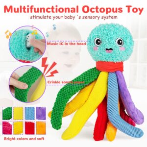 beetoy Infant Toy Baby Plush Toys, Baby Musical Toy with Octopus Shape, Stuffed Animal for Girl boys Infant, Sensory Toys for Babies Soft Toys with Crinkle & Textures, Tummy Time Toys