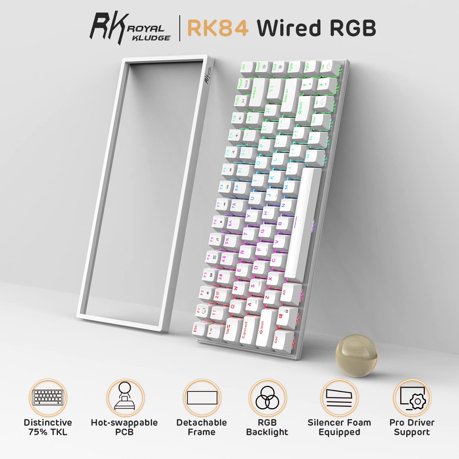 RK ROYAL KLUDGE RK84 Wired RGB 75% Hot Swappable Mechanical Keyboard, 84 Keys Tenkeyless TKL Gaming Keyboard w/Programmable Software and High-Capacity Battery, RK Brown Switch