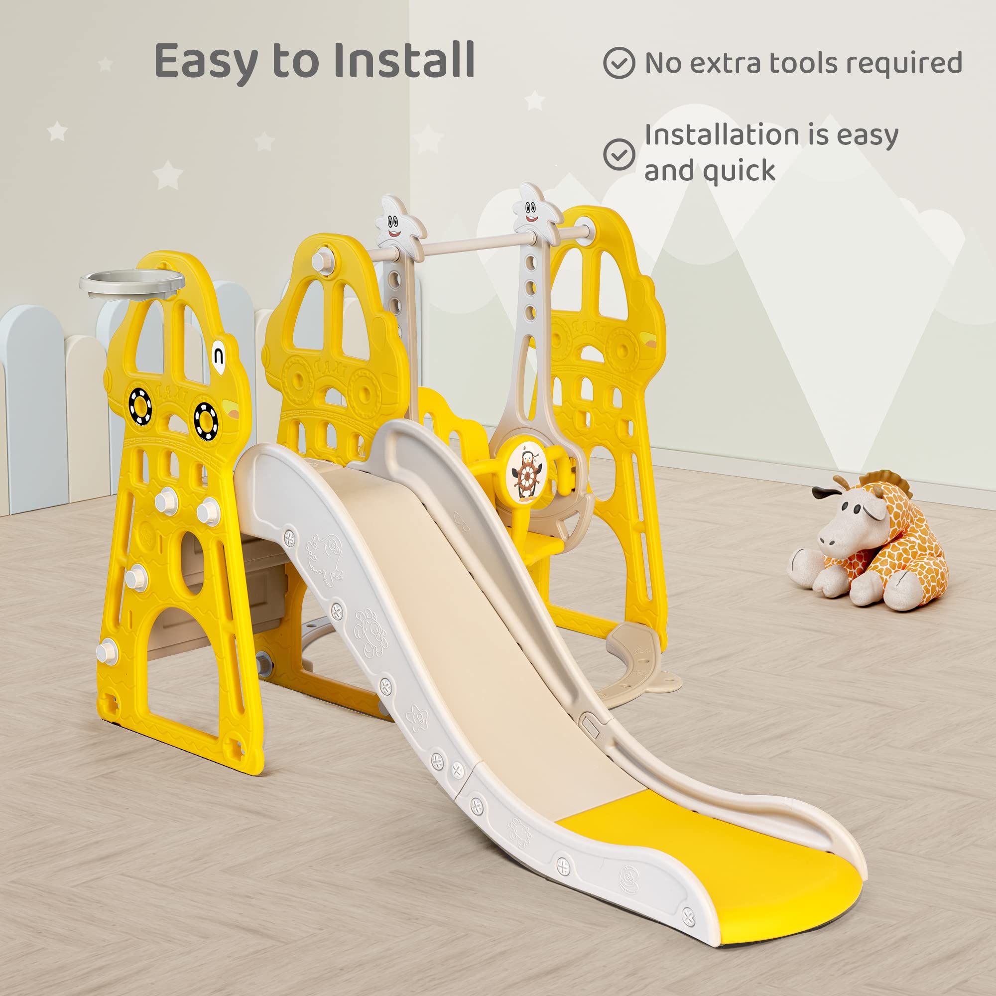 4-in-1 Toddler Slide and Swing Set with Extra Large Playground, Basketball Hoop & Climber, Indoor/Outdoor Playset, Taxi Collection – Yellow