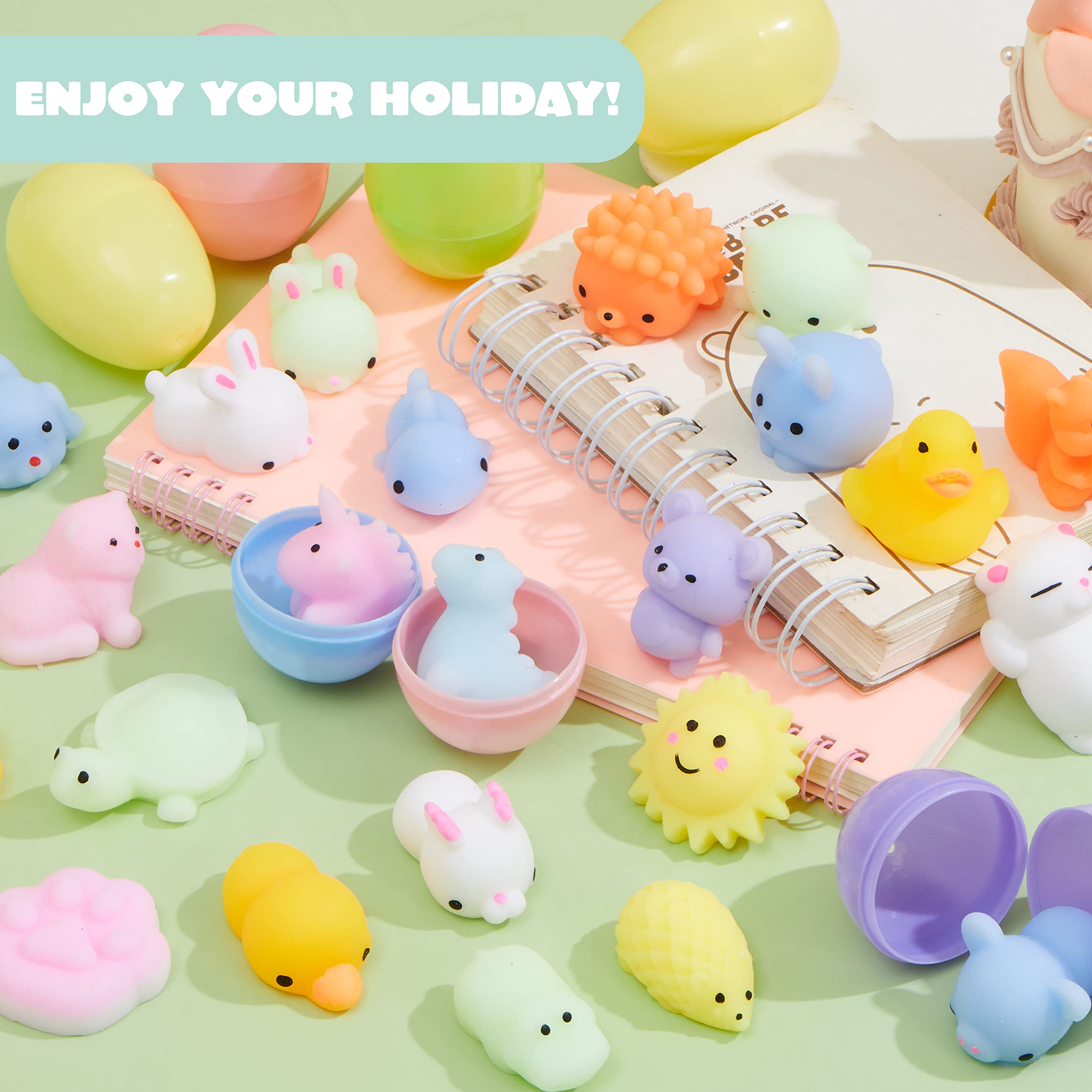 JOYIN 48 Pcs Mochi squishy toy Prefilled Easter Eggs,Cute Animals Mochi Squeeze Stress Relief Toys Kawaii Mini Soft Squeeze Mochi for Easter Party Favors, Easter Egg Hunt, Easter Goodie Bag Fillers