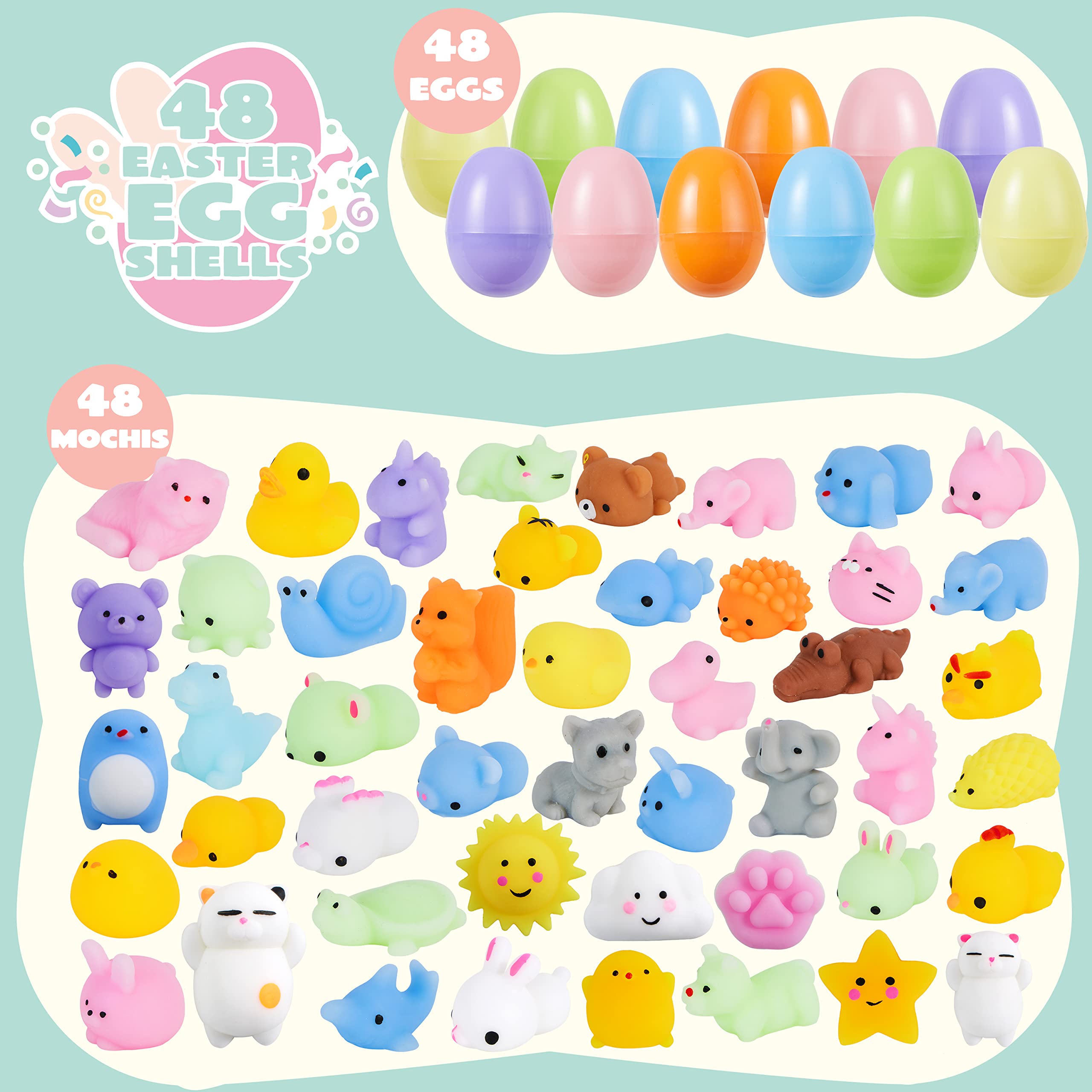 JOYIN 48 Pcs Mochi squishy toy Prefilled Easter Eggs,Cute Animals Mochi Squeeze Stress Relief Toys Kawaii Mini Soft Squeeze Mochi for Easter Party Favors, Easter Egg Hunt, Easter Goodie Bag Fillers