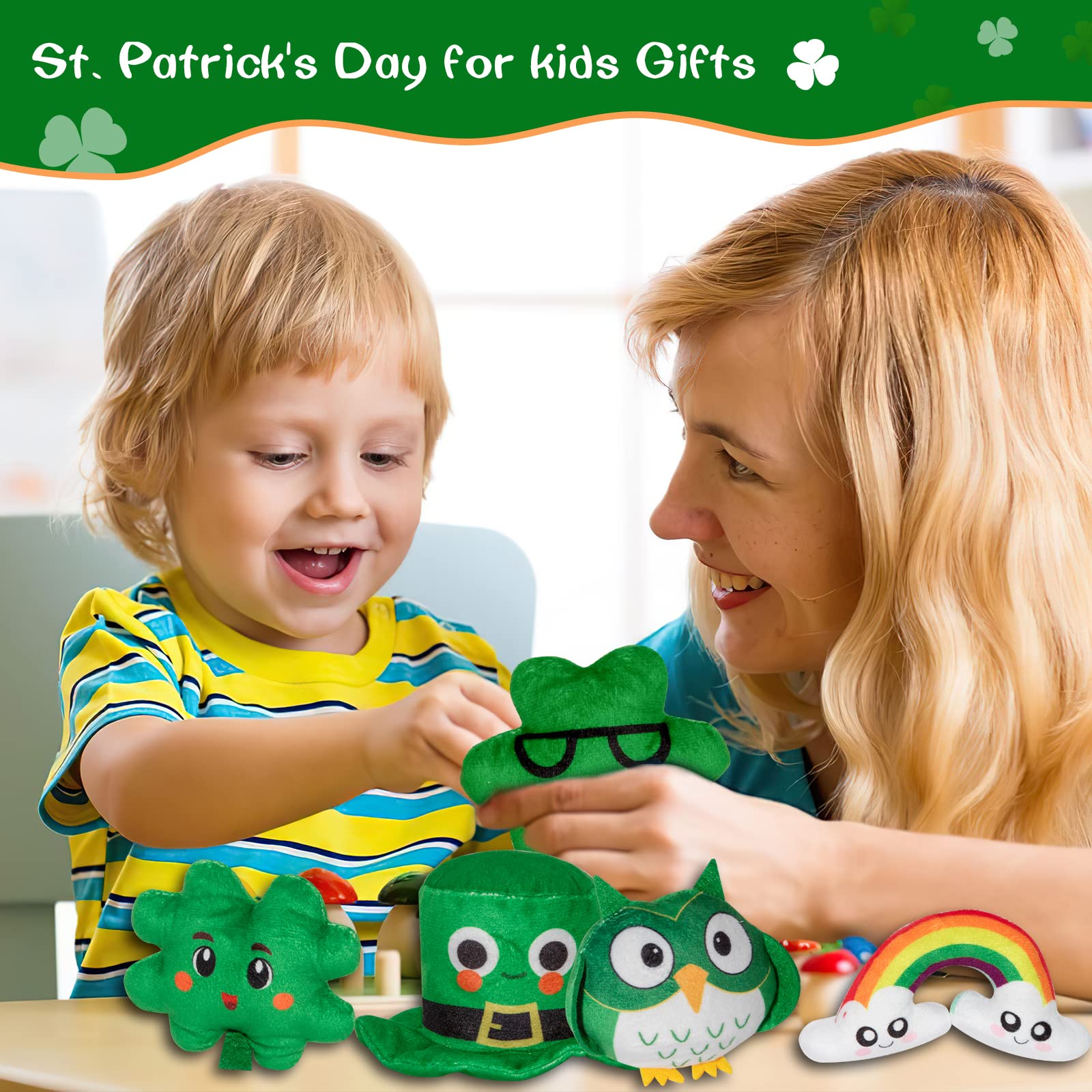 St. Patrick's Day Gifts for Kids Babys First St.Patrick's Day Toys Irish Baby 1st Gifts, 5 Lucky Green Toys Leprechaun Stuffed Toy Built-in Sounder: Green Hat, Shamrock, Four Leaf Clover, Owl, Rainbow