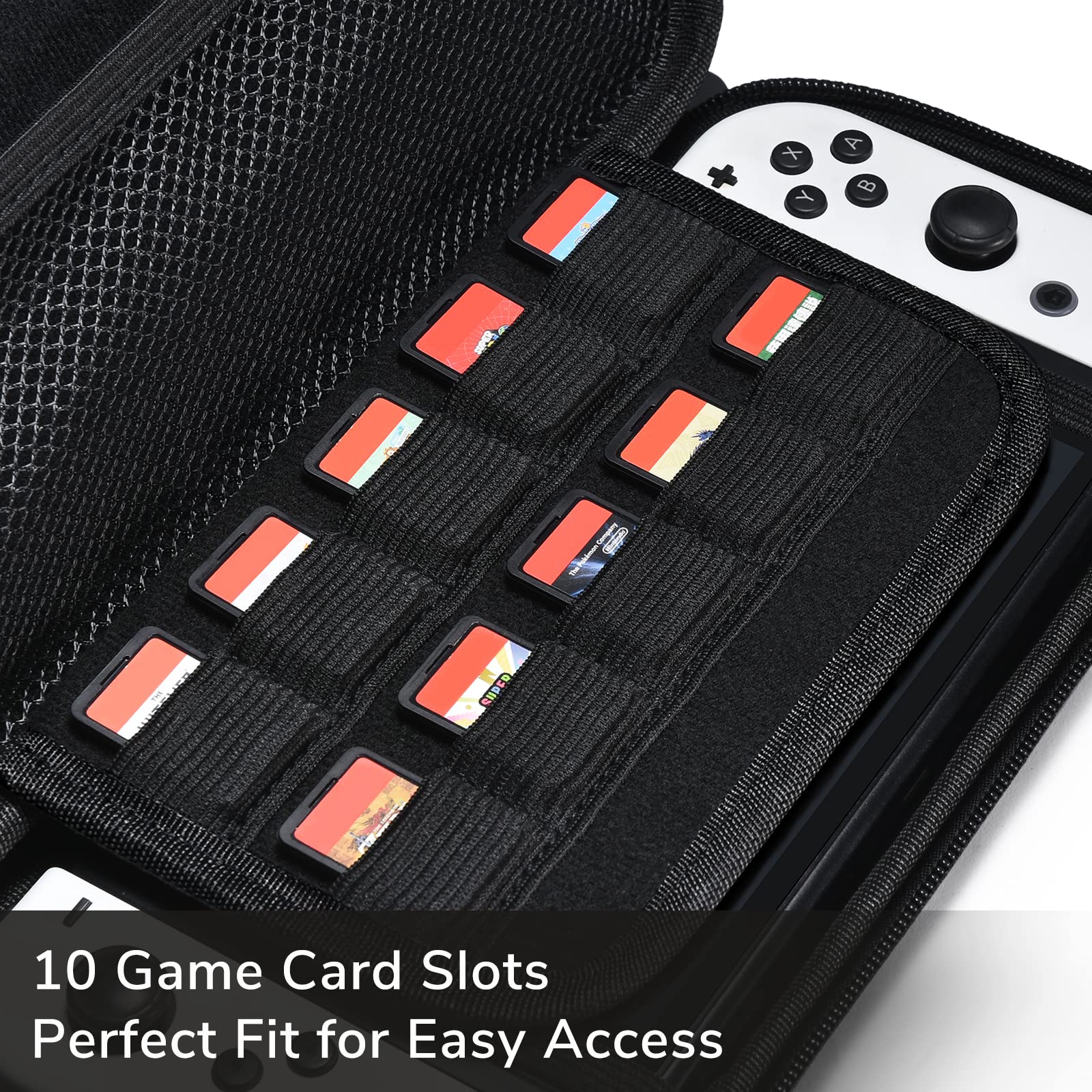 FUNLAB Switch Case Compatible with Switch/OLED, Portable Switch Carrying Case with 10-Game-Card Slots & Accessories Storage- Black