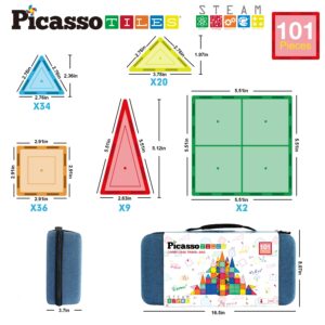 PicassoTiles 101pcs Magnetic Building Block Toy + Case Set Magnet Tile Construction Blocks for Ages 3 and Up Educational Kit Child Brain Development Learning Playset in Portable Travel Carry Bin