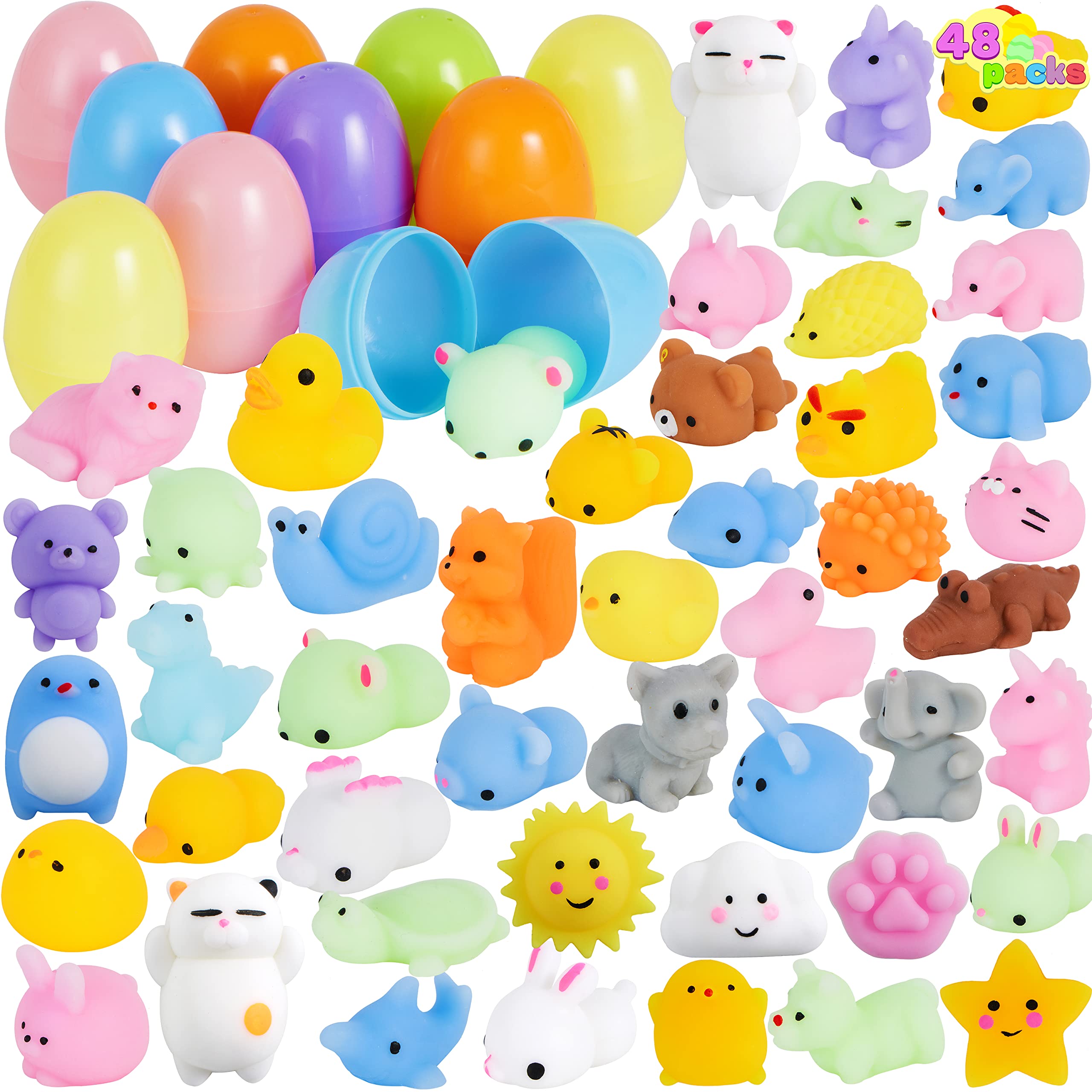 JOYIN 48 Pcs Mochi squishy toy Prefilled Easter Eggs,Cute Animals Mochi Squeeze Stress Relief Toys Kawaii Mini Soft Squeeze Mochi for Easter Party Favors, Easter Egg Hunt, Easter Goodie Bag Fillers