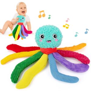 beetoy infant toy baby plush toys, baby musical toy with octopus shape, stuffed animal for girl boys infant, sensory toys for babies soft toys with crinkle & textures, tummy time toys