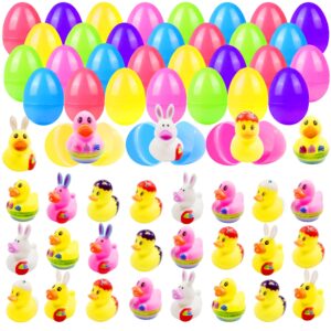 30 pcs prefilled easter eggs with bunny duckies,bright colorful easter eggs prefilled with variety duckies for fun bath bunny duckies, easter basket stuffers and bathtub toys party favors