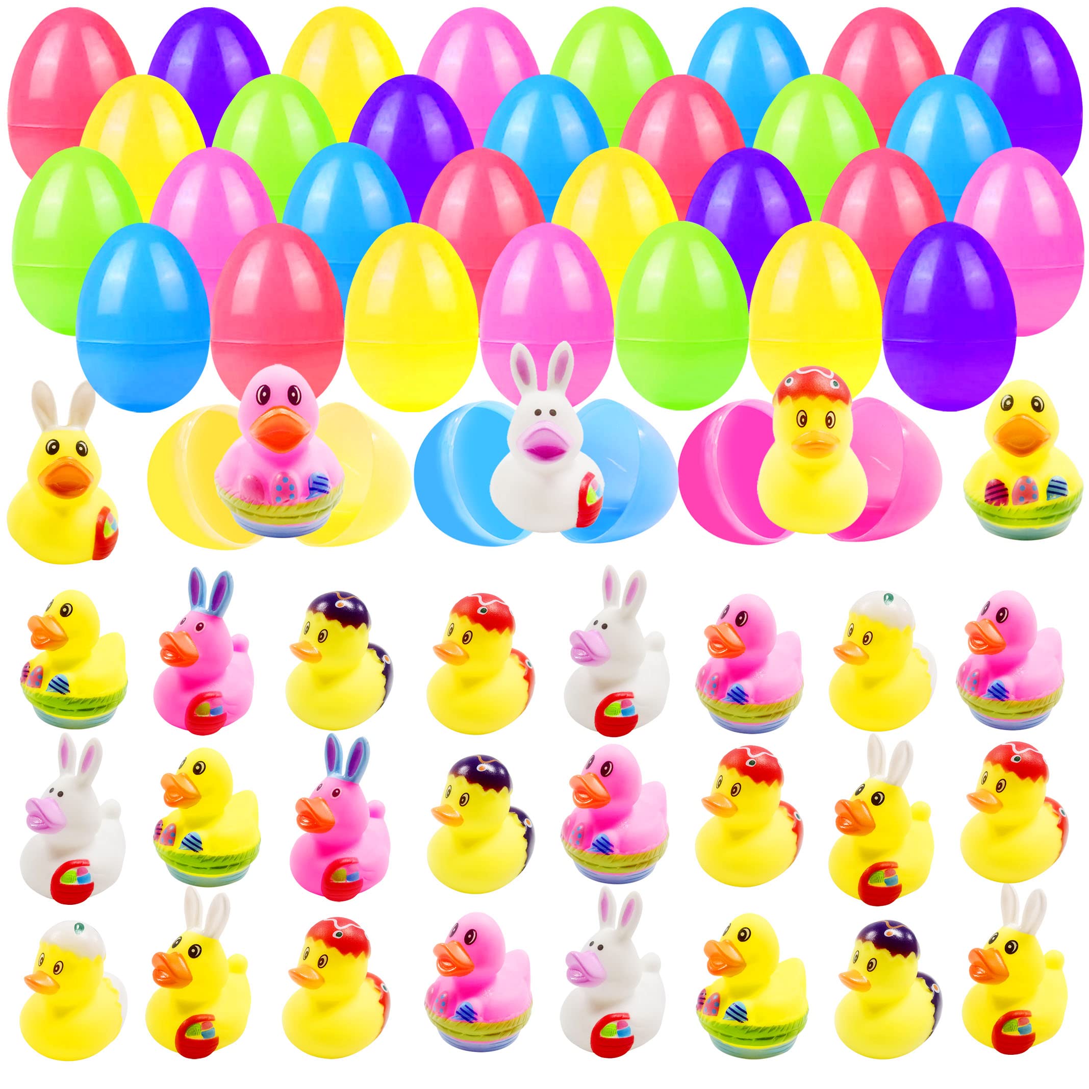 30 Pcs Prefilled Easter Eggs with Bunny Duckies,Bright Colorful Easter Eggs Prefilled with Variety Duckies for Fun Bath Bunny Duckies, Easter Basket Stuffers and Bathtub Toys Party Favors