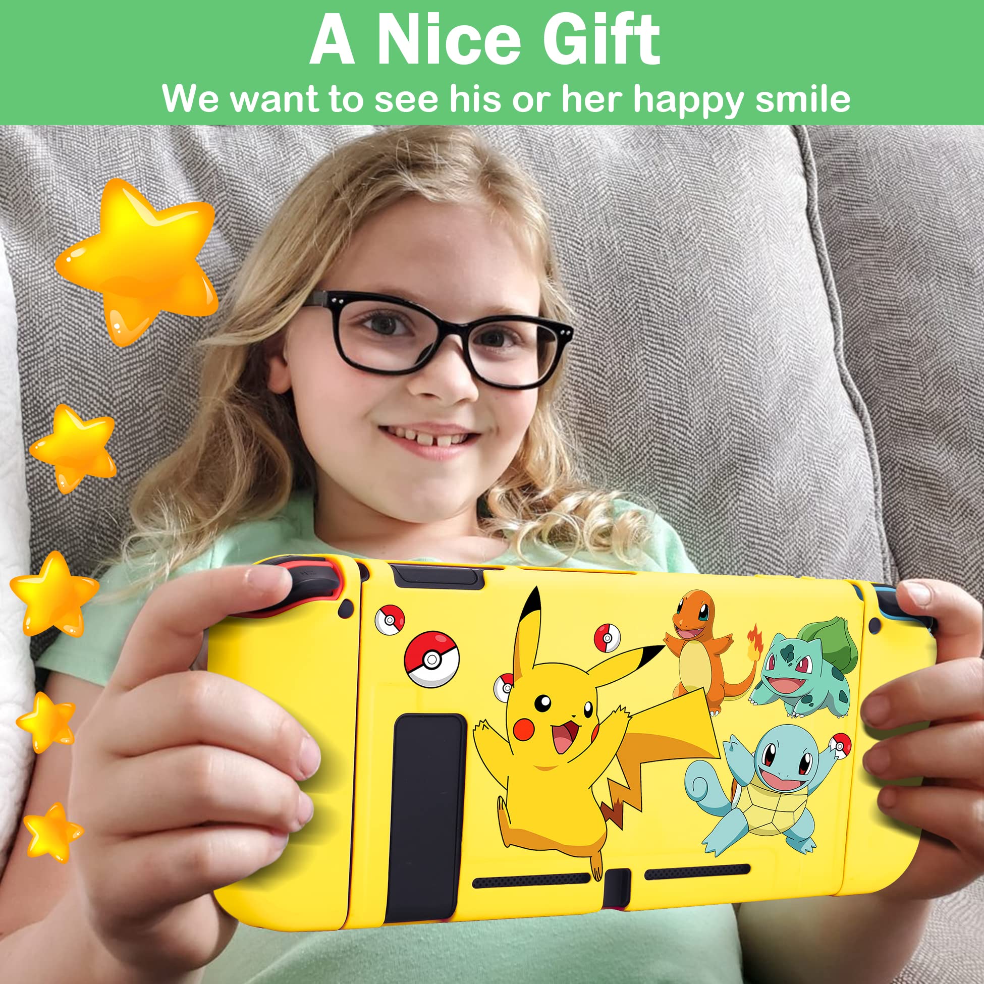 Xcitifun Designed for Nintendo Switch Joy-Con TPU Cases for Girls Boys Kids Cute Kawaii Character Protective Shell Compatible with Nintendo Switch Controller Carrying Cover - Yellow Poke