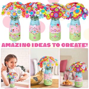 4 Sets Girls Crafts Ages 4-12 Make Your Own Flower Bouquet with Buttons and Felt Flowers, Vase Art and Craft for Children DIY Activity Christmas Thanksgiving Birthday Gift for Girls Boys