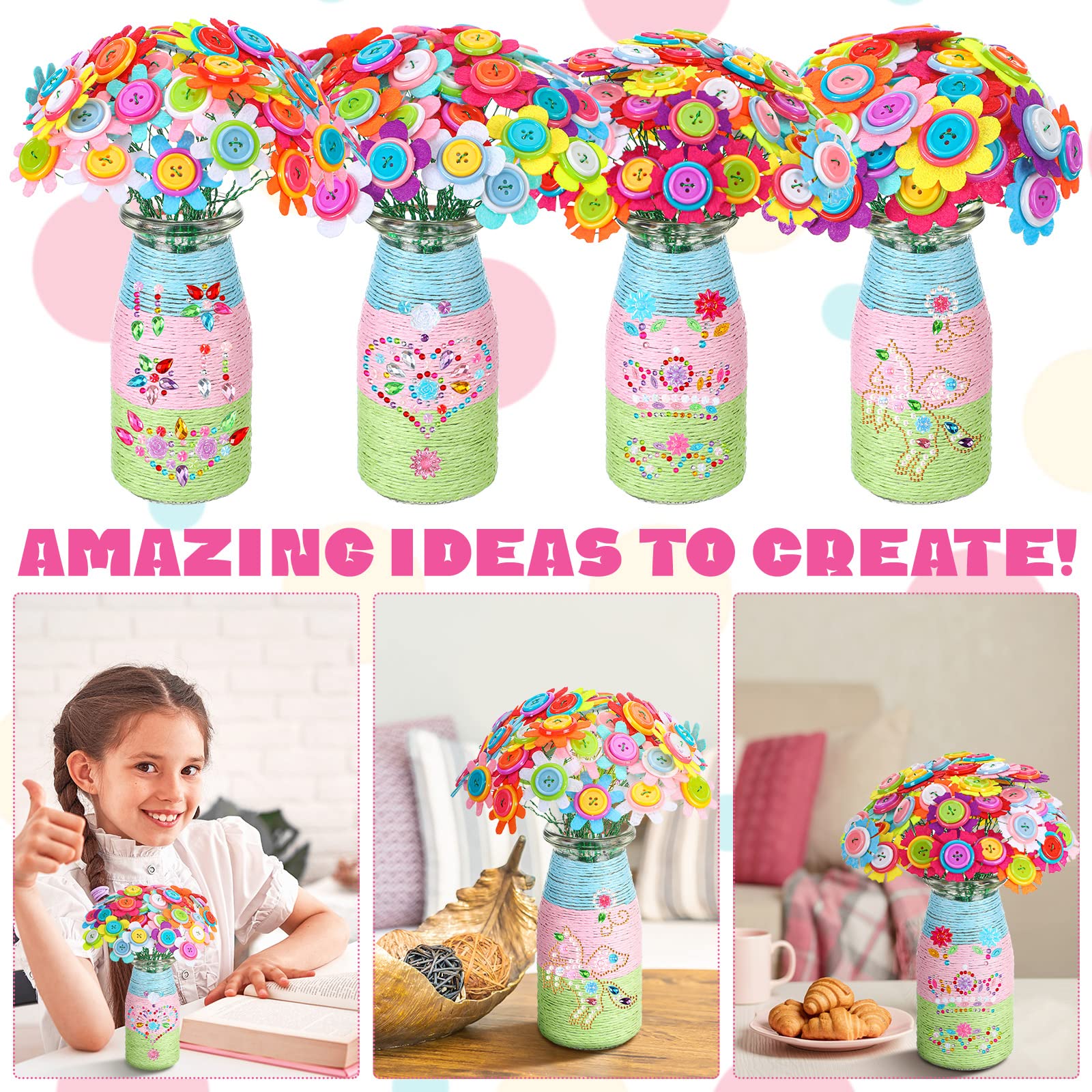 4 Sets Girls Crafts Ages 4-12 Make Your Own Flower Bouquet with Buttons and Felt Flowers, Vase Art and Craft for Children DIY Activity Christmas Thanksgiving Birthday Gift for Girls Boys