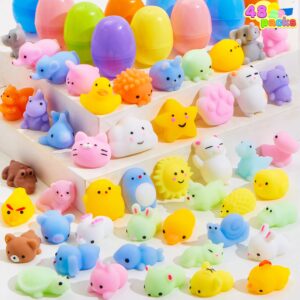 JOYIN 48 Pcs Mochi squishy toy Prefilled Easter Eggs,Cute Animals Mochi Squeeze Stress Relief Toys Kawaii Mini Soft Squeeze Mochi for Easter Party Favors, Easter Egg Hunt, Easter Goodie Bag Fillers