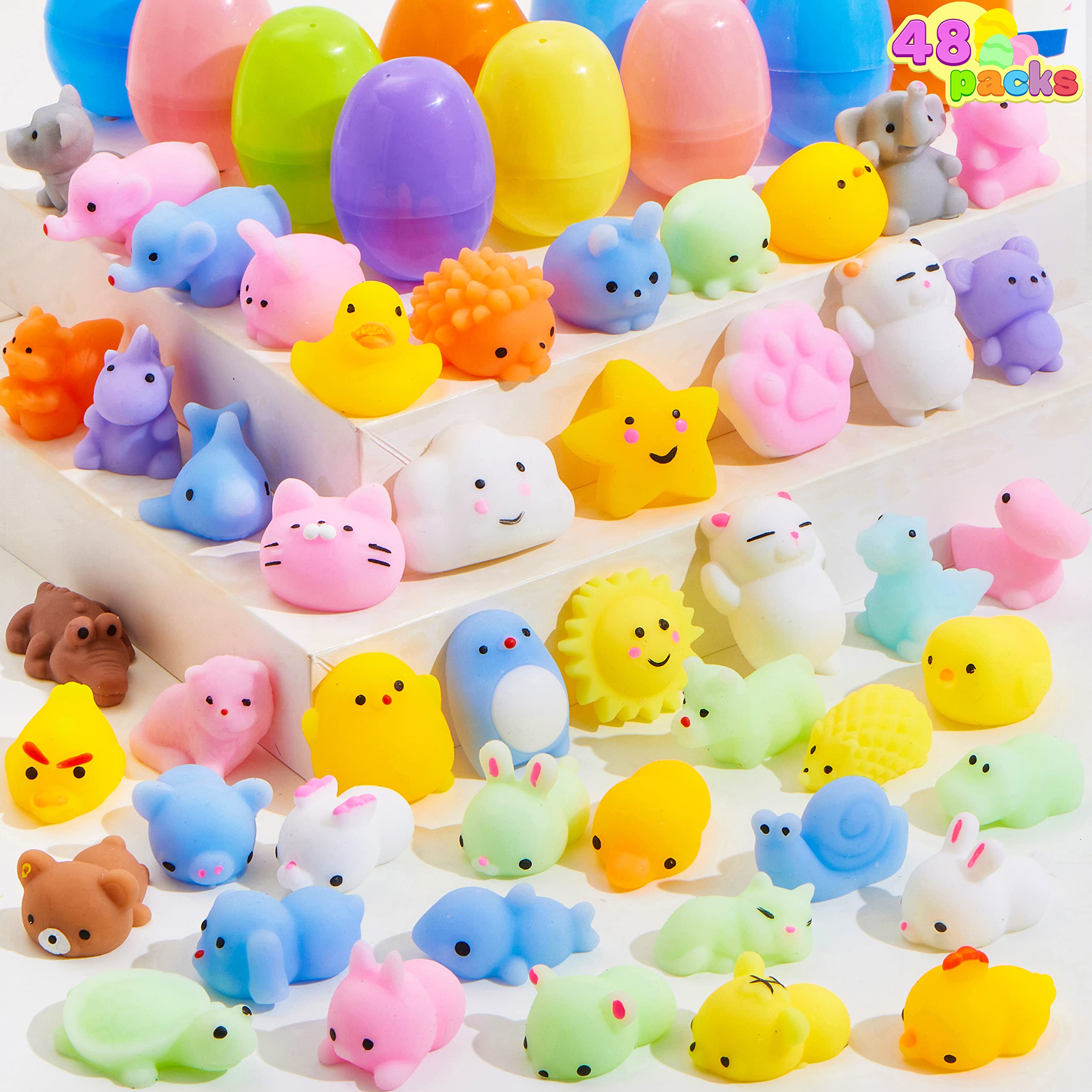 JOYIN 48 Pcs Mochi squishy toy Prefilled Easter Eggs,Cute Animals Mochi Squeeze Stress Relief Toys Kawaii Mini Soft Squeeze Mochi for Easter Party Favors, Easter Egg Hunt, Easter Goodie Bag Fillers