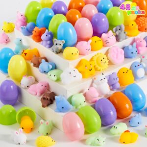 JOYIN 48 Pcs Mochi squishy toy Prefilled Easter Eggs,Cute Animals Mochi Squeeze Stress Relief Toys Kawaii Mini Soft Squeeze Mochi for Easter Party Favors, Easter Egg Hunt, Easter Goodie Bag Fillers