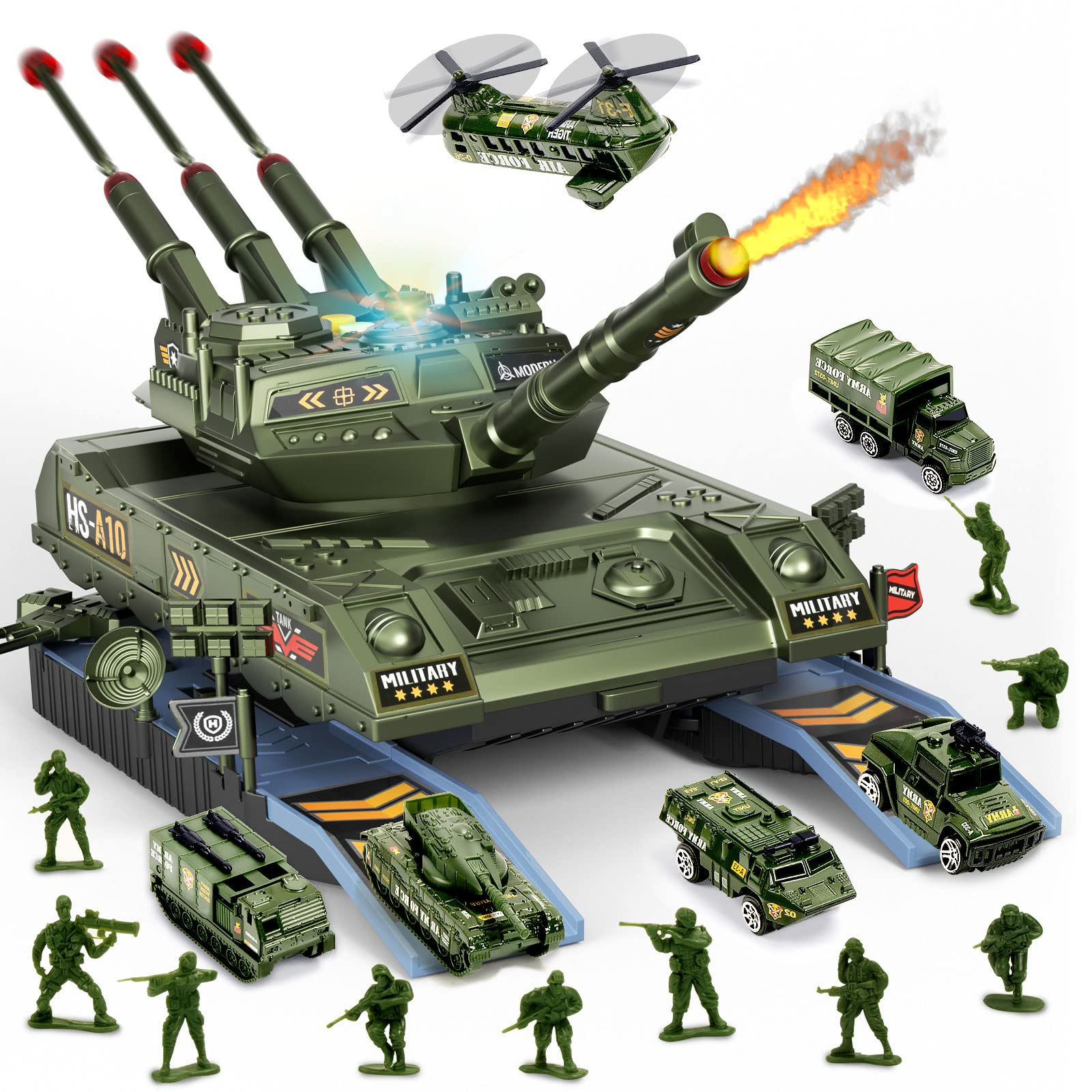 You And I Hooray Army Tank Toys for Boys 3 4 5 6 7 8 Years Old, Military Vehicles Play Set with 6 Mini Die-Cast Cars Helicopter & 10 Army Men Toy Soldiers, Gifts for Kids Age 3+