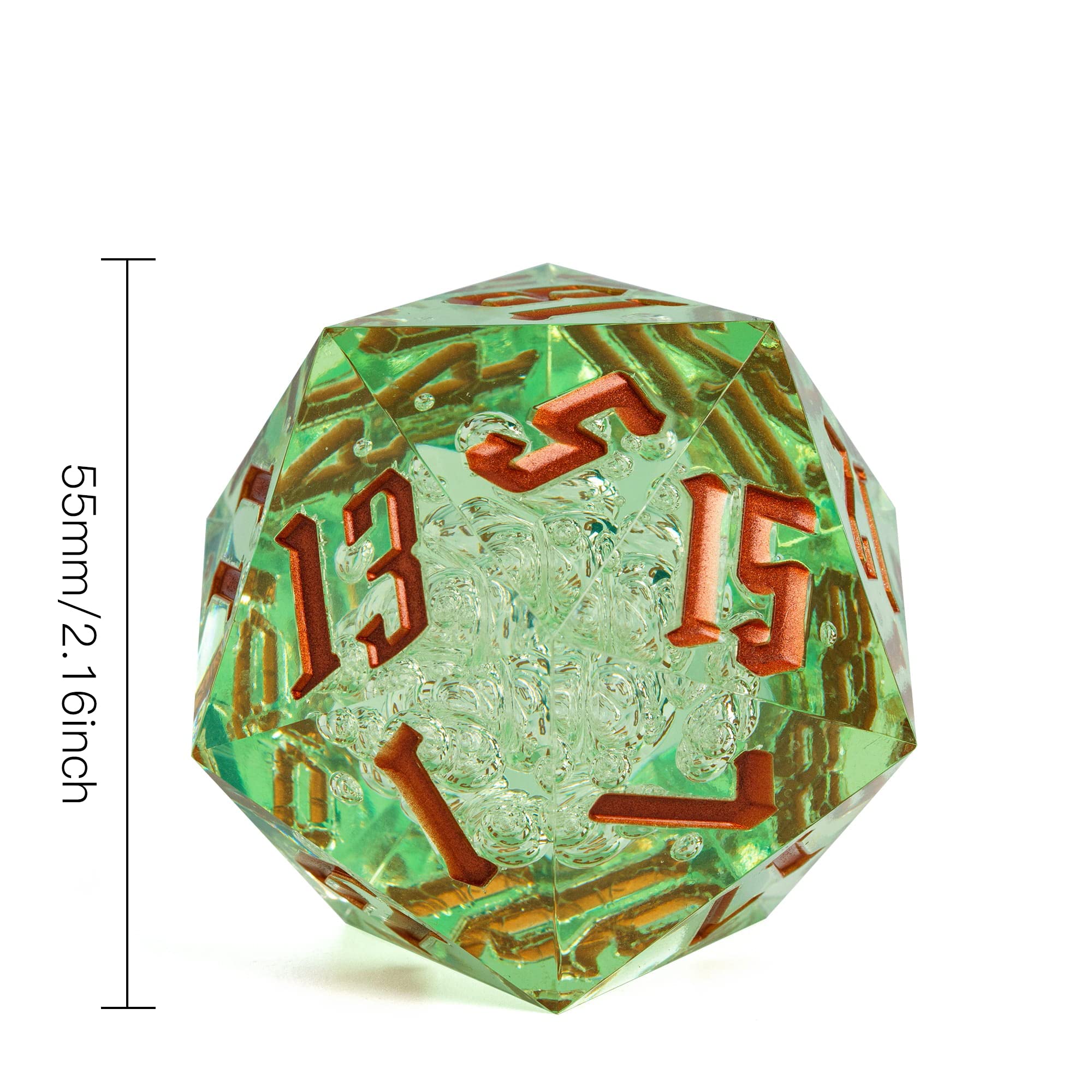 Poludie D20 Single Dice 55mm, 20 Sided DND Dice, Giant D20 D&D Polyhedral Dice Large D20 with Dice Gift Box for Dungeons and Dragons, RPG, MTG Table Games (Transparent Green Bubbles)