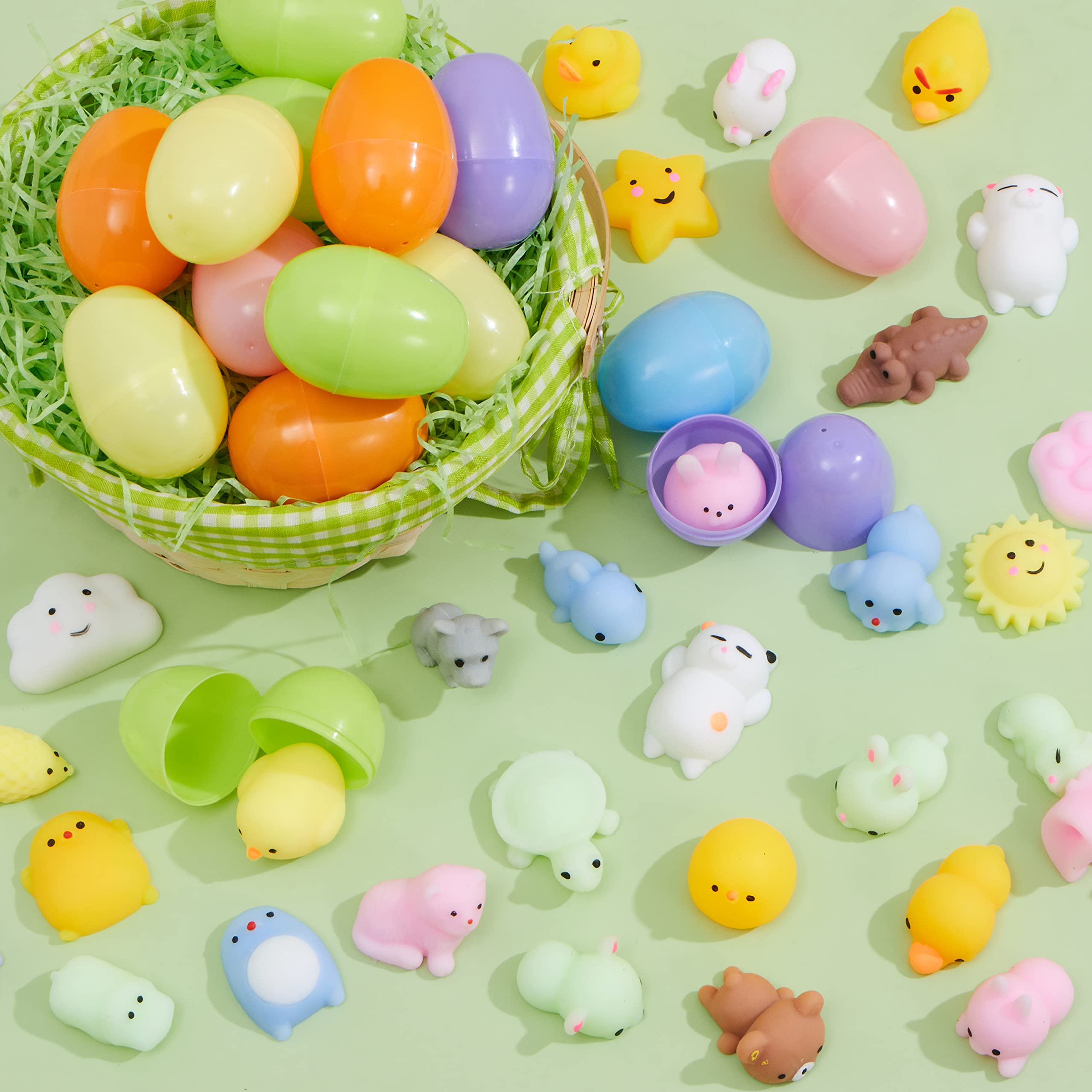 JOYIN 48 Pcs Mochi squishy toy Prefilled Easter Eggs,Cute Animals Mochi Squeeze Stress Relief Toys Kawaii Mini Soft Squeeze Mochi for Easter Party Favors, Easter Egg Hunt, Easter Goodie Bag Fillers