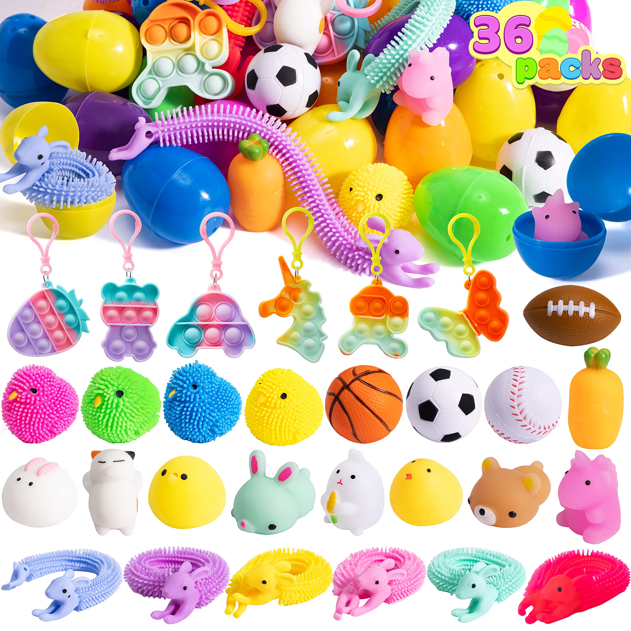 JOYIN 36 PCS Prefilled Easter Eggs with Stress Relief Toys, Plastic Easter Eggs for Easter Egg Hunt Supplies, Easter Party Favors, Easter Basket Stuffers, Easter Classroom Prize Supplies