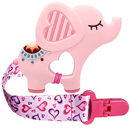 BIGSPINACH 1 Soft Dinosaur Teether for Babies and 1 Baby Pacifier Clip, Valentines Day Gifts for Baby Girl Boy,Silicone Chew Toys for Baby (Pink Elephant)