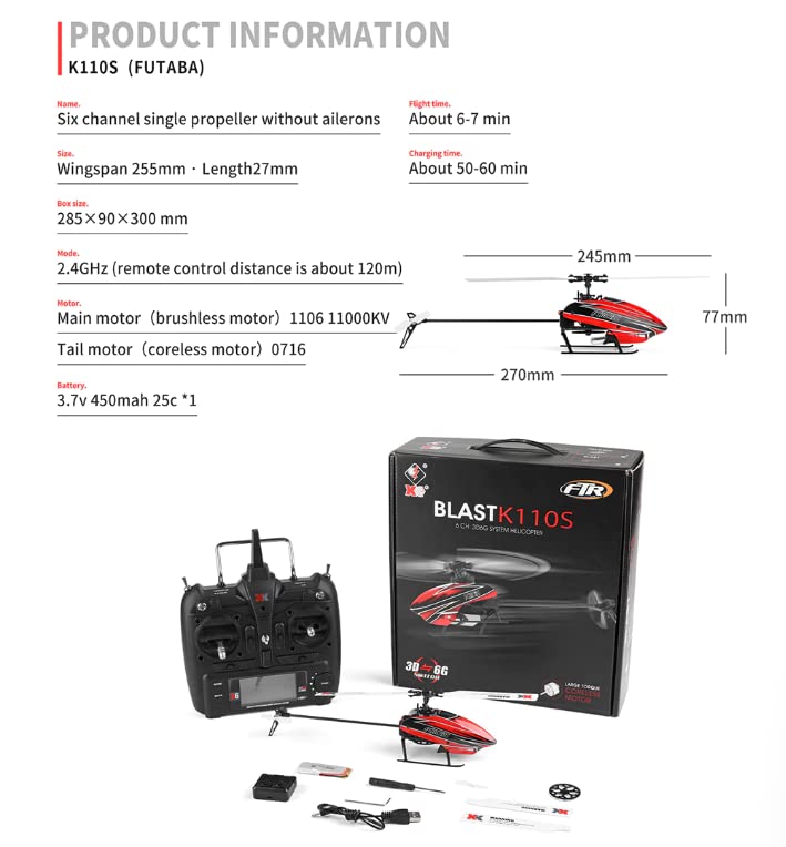 WLtoys K110S 6CH 3D/6G System K110S 2.4G 6CH Brushless 3D6G System Flybarless RC Helicopter for FUTABA S-FHSS K127 4CH (K110S 1 * 450mah)