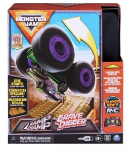 monster jam official ramp champ grave digger remote control monster truck with super soft wheels indoor play + mystery vehicle ( mini)