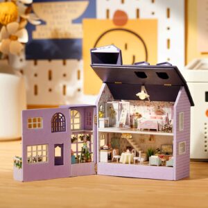 Spilay Dollhouse DIY Miniature Wooden Furniture Kit,Mini Handmade Doll House with LED,1:24 Scale Creative Woodcrafts Toys for Adult Friend Lover Birthday Gift D32