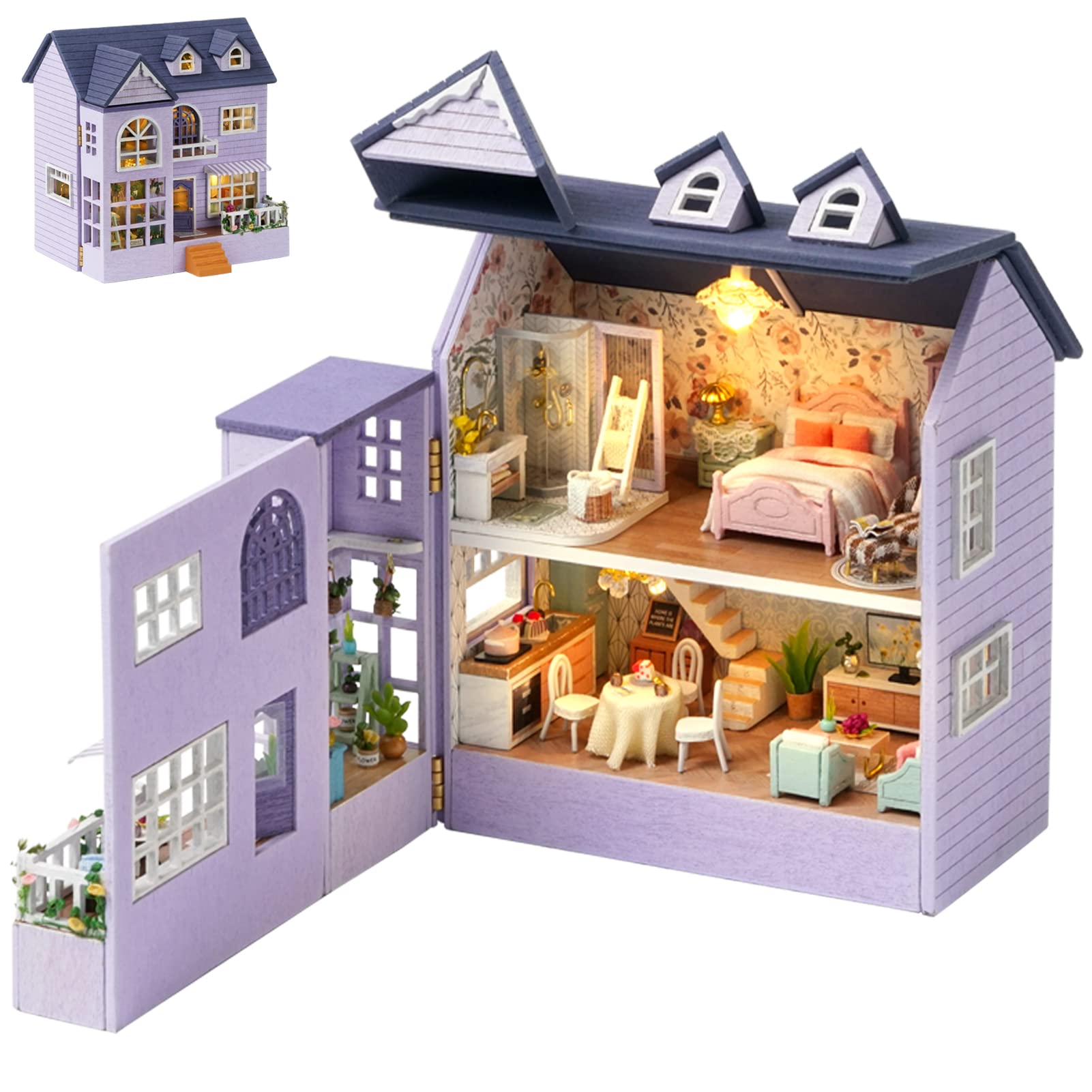 Spilay Dollhouse DIY Miniature Wooden Furniture Kit,Mini Handmade Doll House with LED,1:24 Scale Creative Woodcrafts Toys for Adult Friend Lover Birthday Gift D32