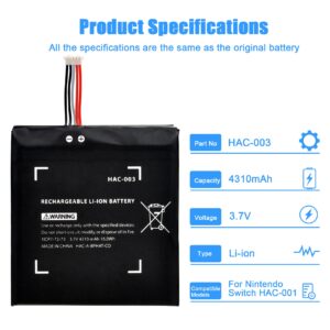 REACELL Battery Replacement for Switch, HAC-003 Internal Battery Pack Replacement for Nintendo Switch Game Console HAC-001 [3.7V 4310mAh 16Wh]