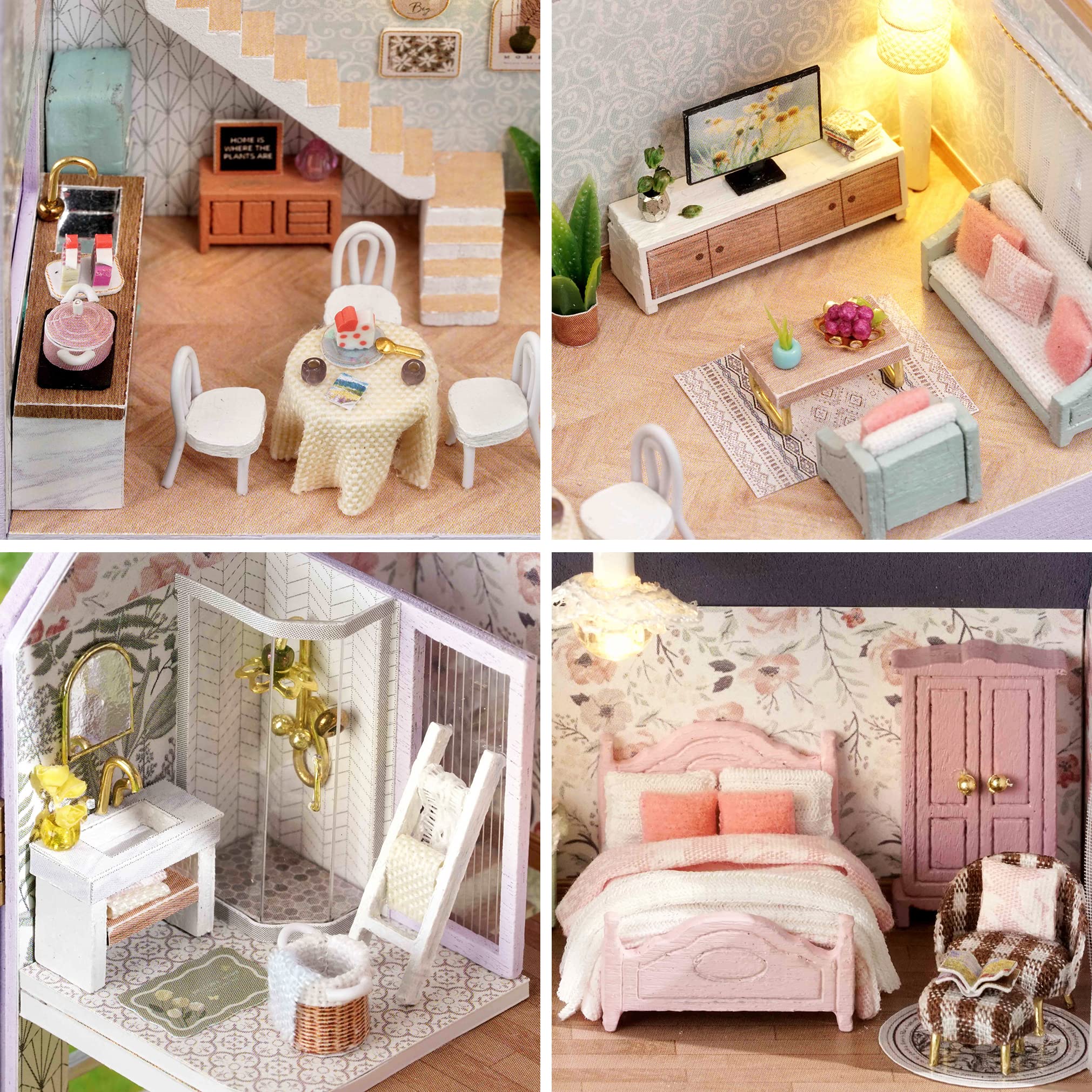 Spilay Dollhouse DIY Miniature Wooden Furniture Kit,Mini Handmade Doll House with LED,1:24 Scale Creative Woodcrafts Toys for Adult Friend Lover Birthday Gift D32