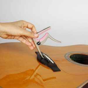 Guitar Capo 3-in-1: Acoustic & Electric Capo, Guitar Pin Puller, Pick Holder - Hidden Spring Design, Trapezoid Silicone Rubber Pad, Superior Zinc Alloy (Pink)