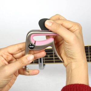 Guitar Capo 3-in-1: Acoustic & Electric Capo, Guitar Pin Puller, Pick Holder - Hidden Spring Design, Trapezoid Silicone Rubber Pad, Superior Zinc Alloy (Pink)