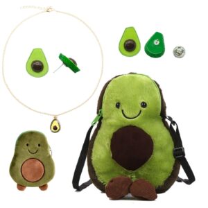 FABMODE 5PCS Avocado Bag Gift Set Plush Crossbody Shoulder Bag Cute Cartoon Avocado Messenger Fruit Purse Avocado Gifts for Women with Adjustable Strap Avocado Necklace Earrings Brooch Pin