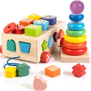 bravmate montessori toys for 1 year old, wooden blocks shape sorter stacking rings baby color sorting toys for toddlers 1-3, pull along educational learning toys, 1 year old boys girls birthday gift