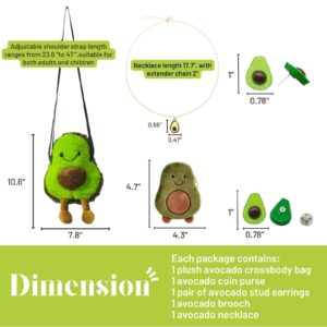 FABMODE 5PCS Avocado Bag Gift Set Plush Crossbody Shoulder Bag Cute Cartoon Avocado Messenger Fruit Purse Avocado Gifts for Women with Adjustable Strap Avocado Necklace Earrings Brooch Pin