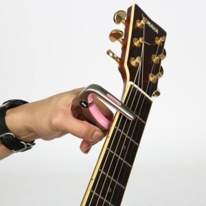 Guitar Capo 3-in-1: Acoustic & Electric Capo, Guitar Pin Puller, Pick Holder - Hidden Spring Design, Trapezoid Silicone Rubber Pad, Superior Zinc Alloy (Pink)