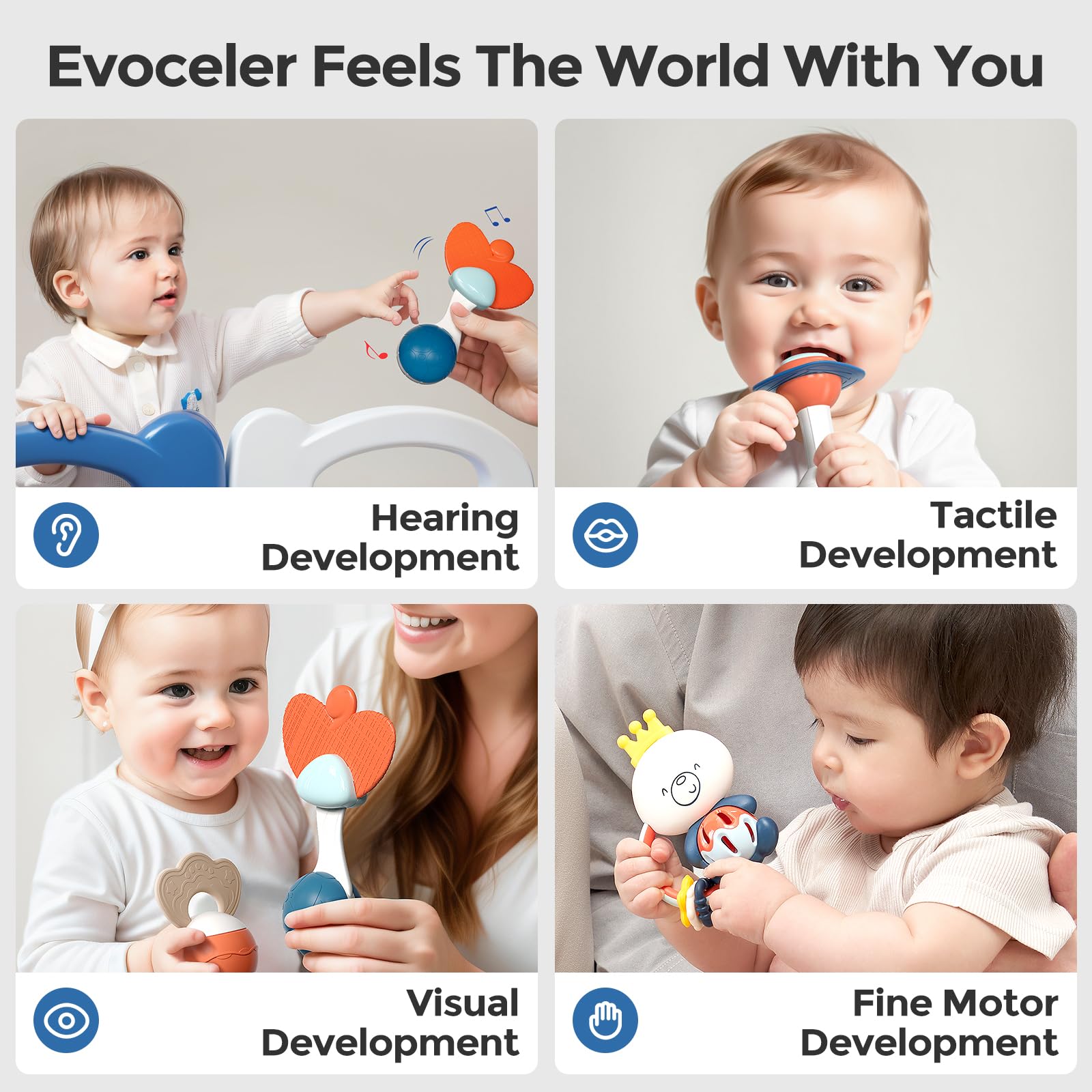 Evoceler Baby Rattles - 10 Pcs Food Grade Teething Toys 0-12 Months, Features Rattle Sound, Soft Baby Rattles 0-6 Months for Gums Soothing, Baby Teether Baby Shower Gifts with Storage Box