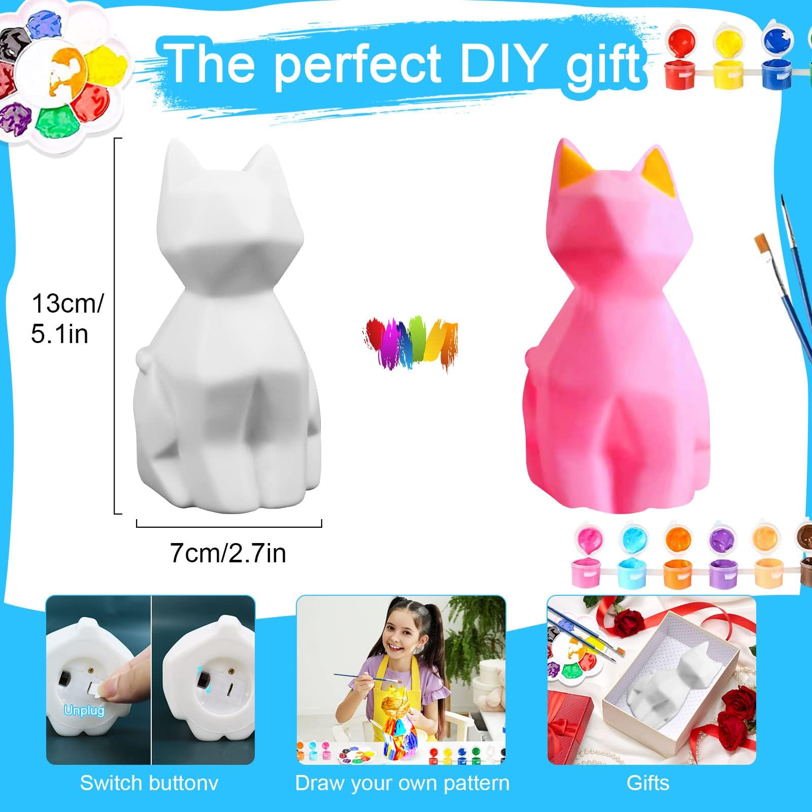 Paint Your Own Cat Lamp Art Kit, DIY Geometric Cat Lamp Night Light, Animals Toys Night Light, Gifts Crafts for Teens Girls Boys, Art and Crafts Painting Kit for Kids Ages 3 4 5 6 7 8 9 10 11 12+