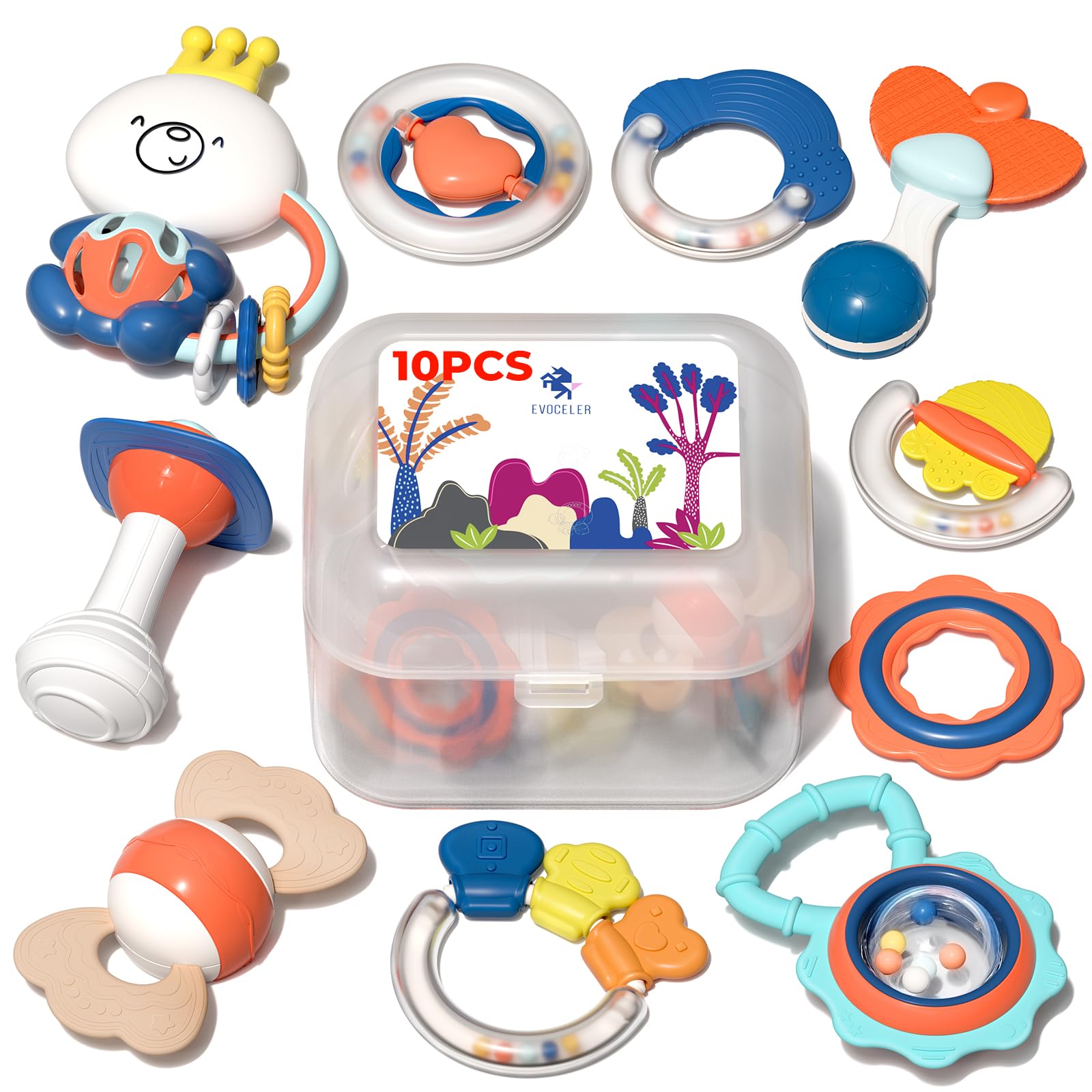 Evoceler Baby Rattles - 10 Pcs Food Grade Teething Toys 0-12 Months, Features Rattle Sound, Soft Baby Rattles 0-6 Months for Gums Soothing, Baby Teether Baby Shower Gifts with Storage Box