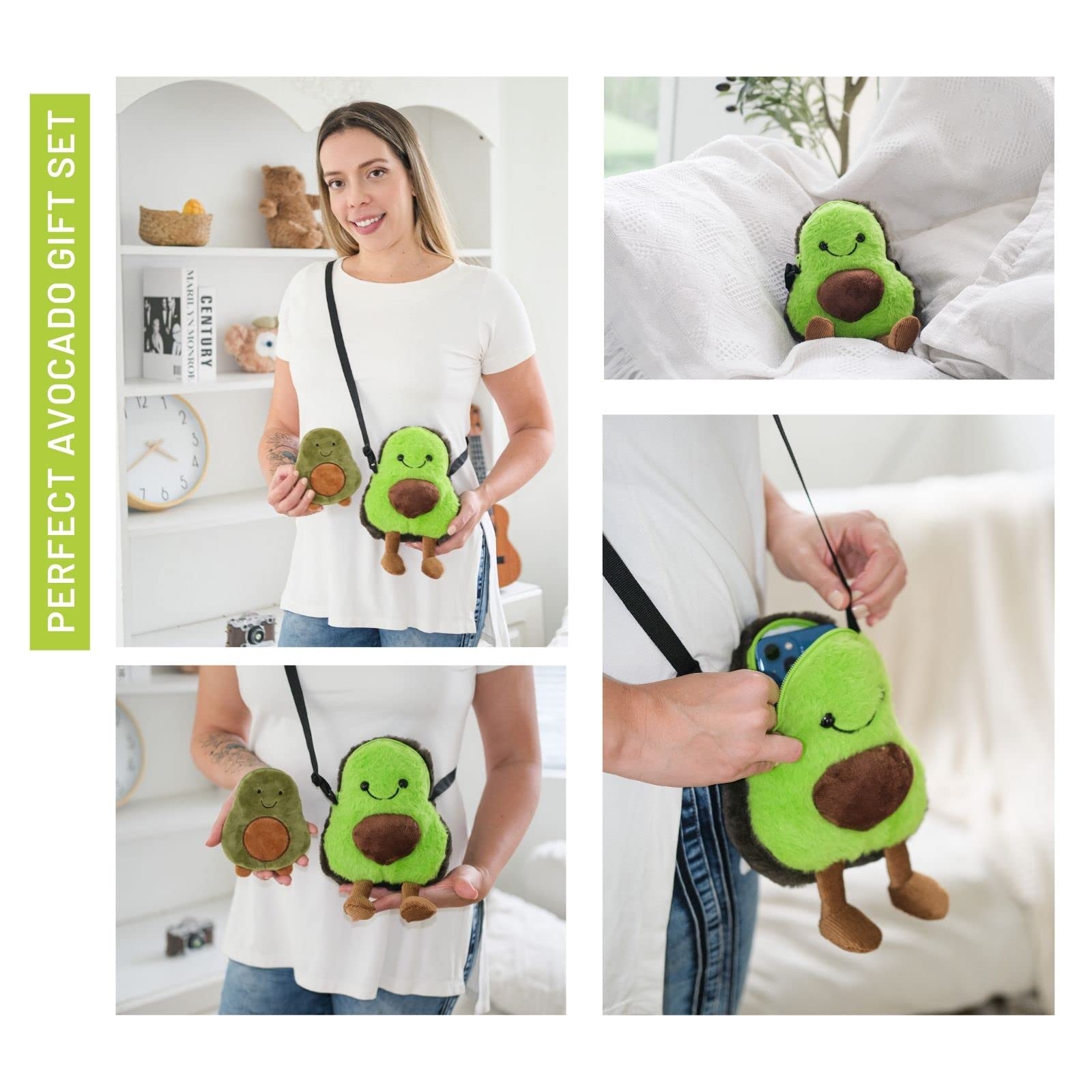 FABMODE 5PCS Avocado Bag Gift Set Plush Crossbody Shoulder Bag Cute Cartoon Avocado Messenger Fruit Purse Avocado Gifts for Women with Adjustable Strap Avocado Necklace Earrings Brooch Pin