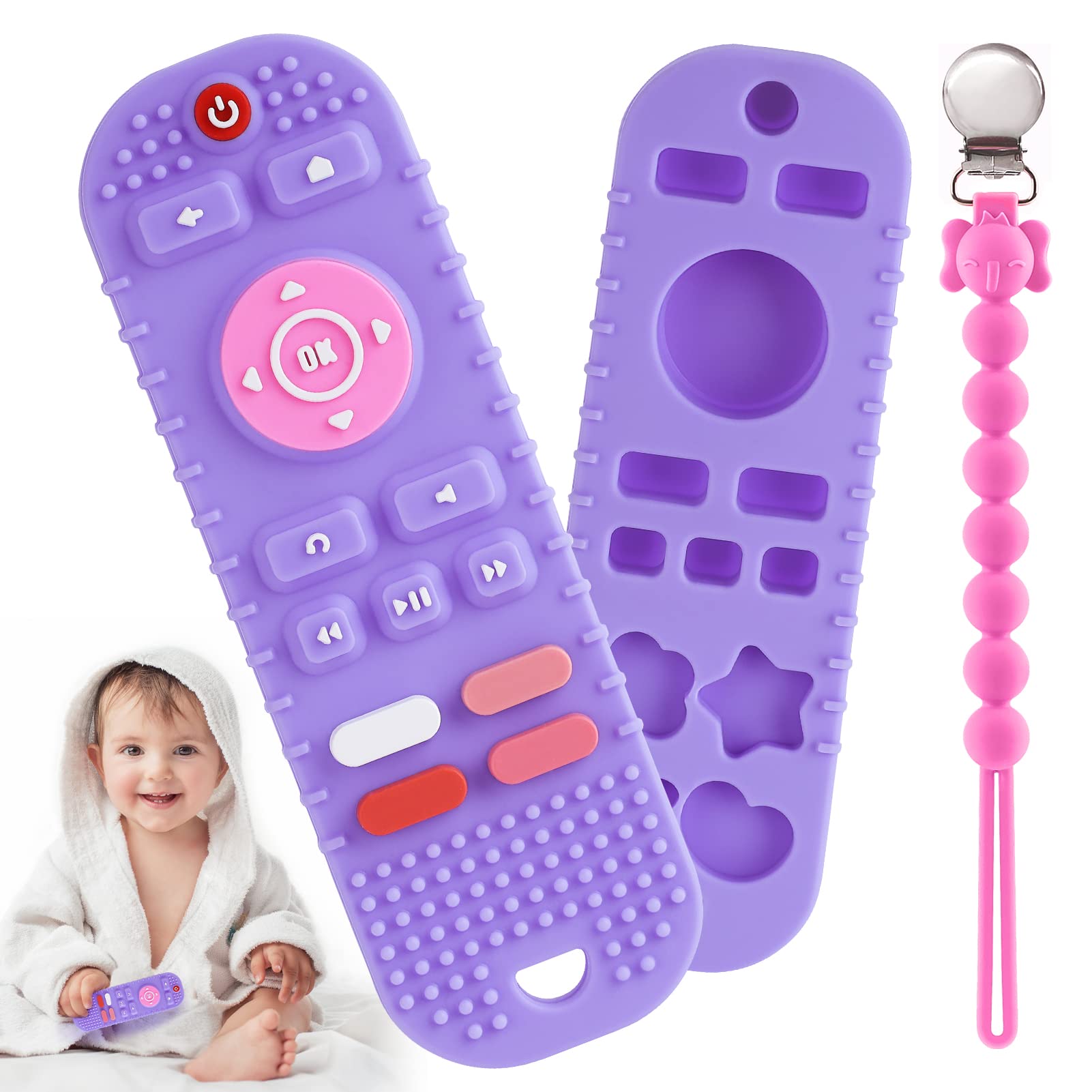 NPET Remote Control Baby Teether Baby Toys 0-6 Months, Soft Silicone Teething Toys Sore Gums Relief with Anti-Drop Pacifier Clip TV Remote Teether Baby Gifts 6-12 Months Baby Chew Toys Ice Cube Mold