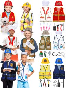 hungdao 6 sets kids dressing up costumes, toddler dressing up and pretend for age 6-10 for dress up police,fireman, doctor,construction worker, chef and explorer