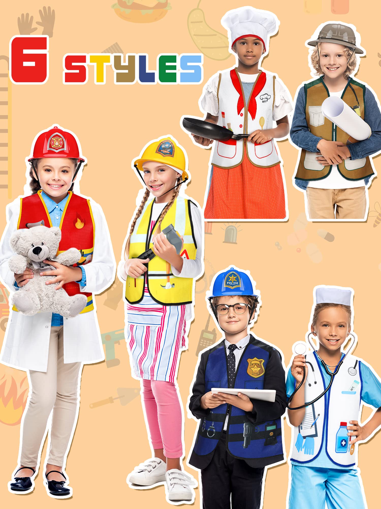 Hungdao 6 Sets Kids Dressing up Costumes, Toddler Dressing up and Pretend for Age 6-10 for Dress up Police,fireman, Doctor,construction Worker, Chef and Explorer