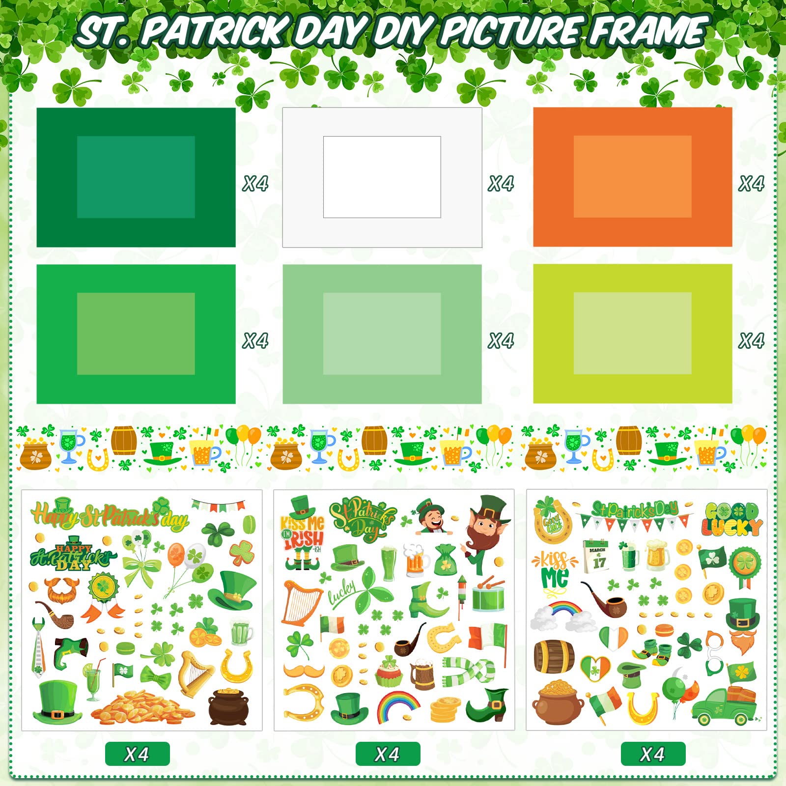 Tinlade St. Patrick's Day Craft Kit, 24 Pack DIY Picture Frames, 12 Sheets Stickers, Shamrock Theme for Kids & Adults