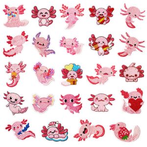 24 Pcs Axolotl 5d DIY Diamond Painting Sticker Creative Diamond Sticker Kids Diamond Painting Kits Resin Rhinestone Gem Art Kits for Kids Adult Activity New Year Party Gifts