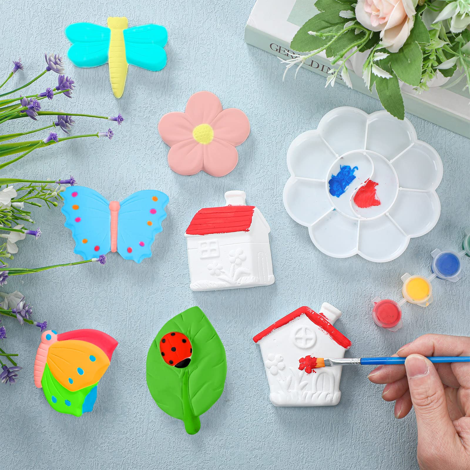 27 Pcs Arts and Crafts Set Painting Kit for Kids Include 12 Unpainted DIY Ceramic Figurines Paint Your Own Figurines with 12 Magnet 2 Brushes and 1 Palette Ceramic Painting Kit for Toddler (Butterfly)