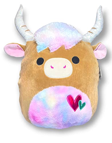 Squishmallows Official Kellytoy 16 Inch Candela Brown Highland Cow with Rainbow Fuzzy Mane and Belly - Pink Nostrils - 2023 Valentine's Squad Stuffed Animal Toy Pillow