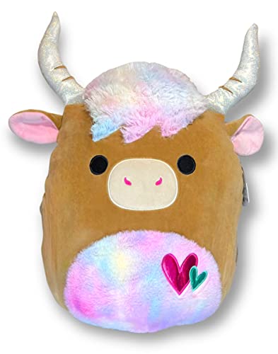 Squishmallows Official Kellytoy 16 Inch Candela Brown Highland Cow with Rainbow Fuzzy Mane and Belly - Pink Nostrils - 2023 Valentine's Squad Stuffed Animal Toy Pillow