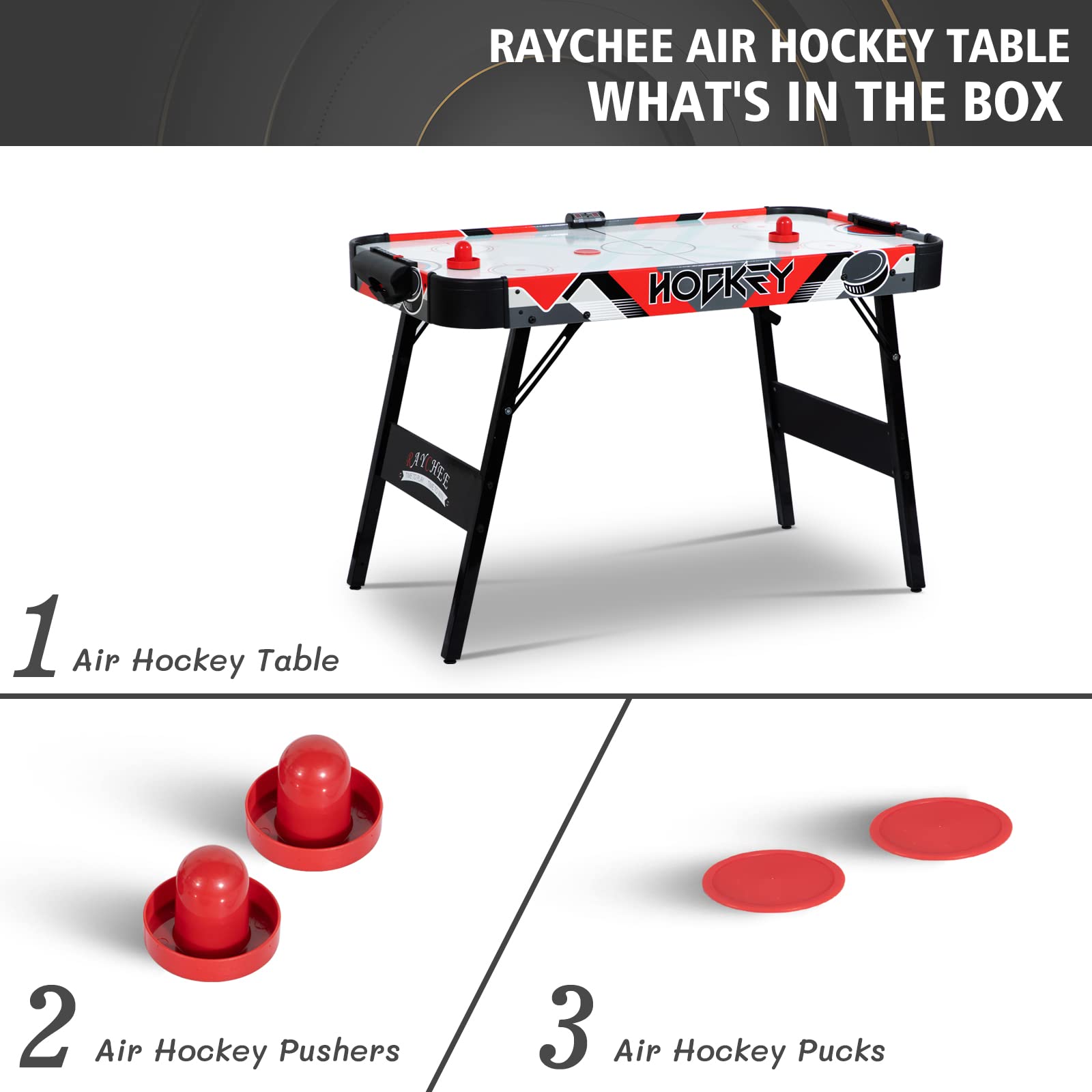 RayChee Foldable Powered Air Hockey Table, 48” Indoor Hockey Table Sports Gaming Set w/2 Pucks, 2 Pushers, LED Scoreboard, Powerful Fan Motor for Adults and Kids, Home Game Room (Red)