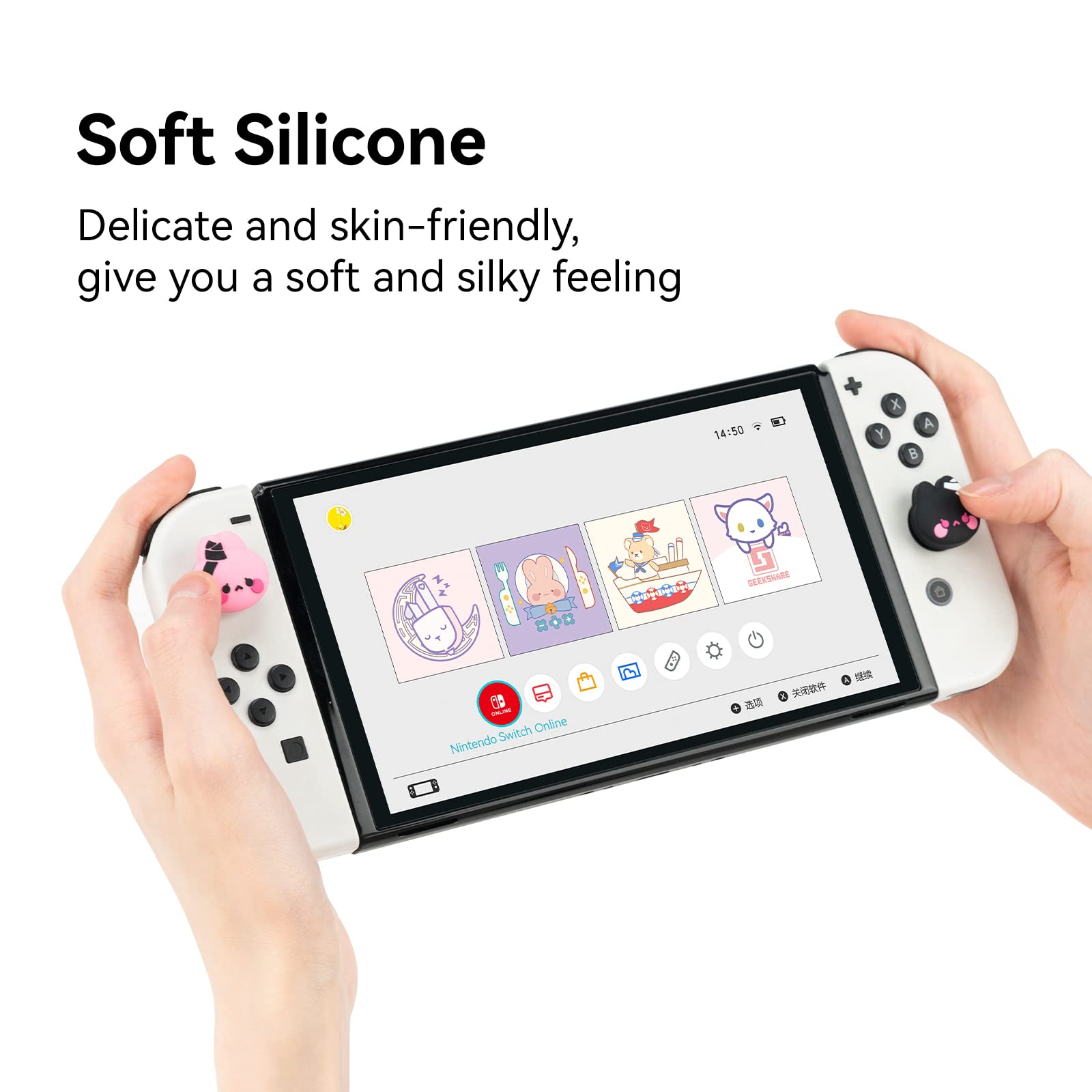 GeekShare Cute Silicone Joycon Thumb Grip Caps, Joystick Cover Compatible with Nintendo Switch/OLED/Switch Lite,4PCS - Bunny & Kitty