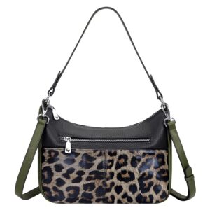 Over Earth Soft Leather Handbags for Women Crossbody Purses Multi Pockets Shoulder Bags Messenger Bag Medium(O120E Black/Dark Green/Green Leopard)